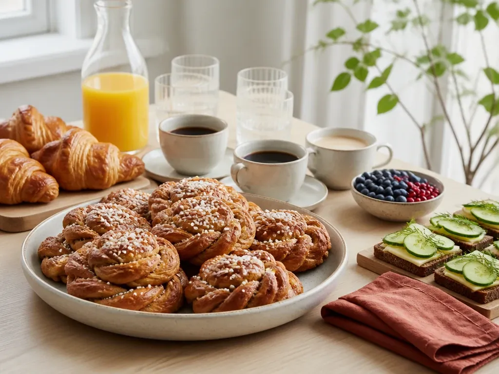 Aamiaistarjoilu pöydällä: pullia, croissanteja, ruisleipiä, marjoja, kahvia ja tuoremehua